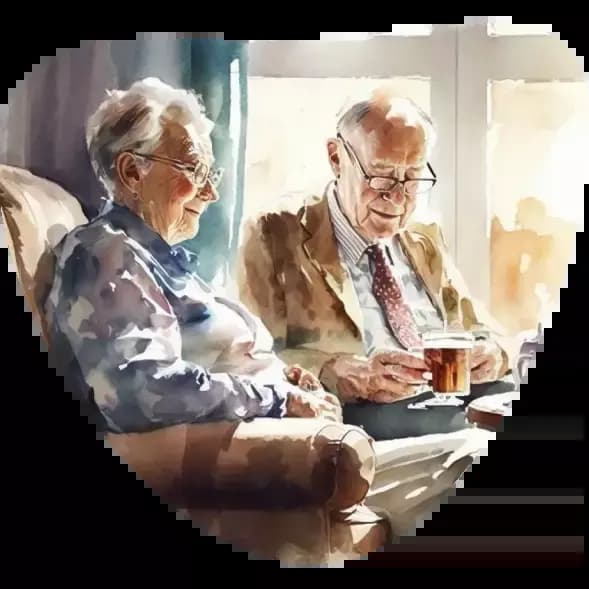 Find a Carer today. Elderly couple sat in chairs.