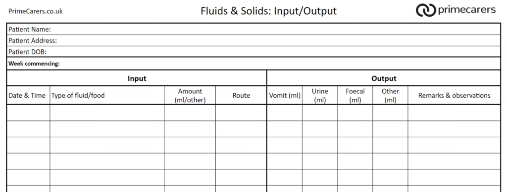 A monitoring sheet to helptrack how much water your loved one is consuming