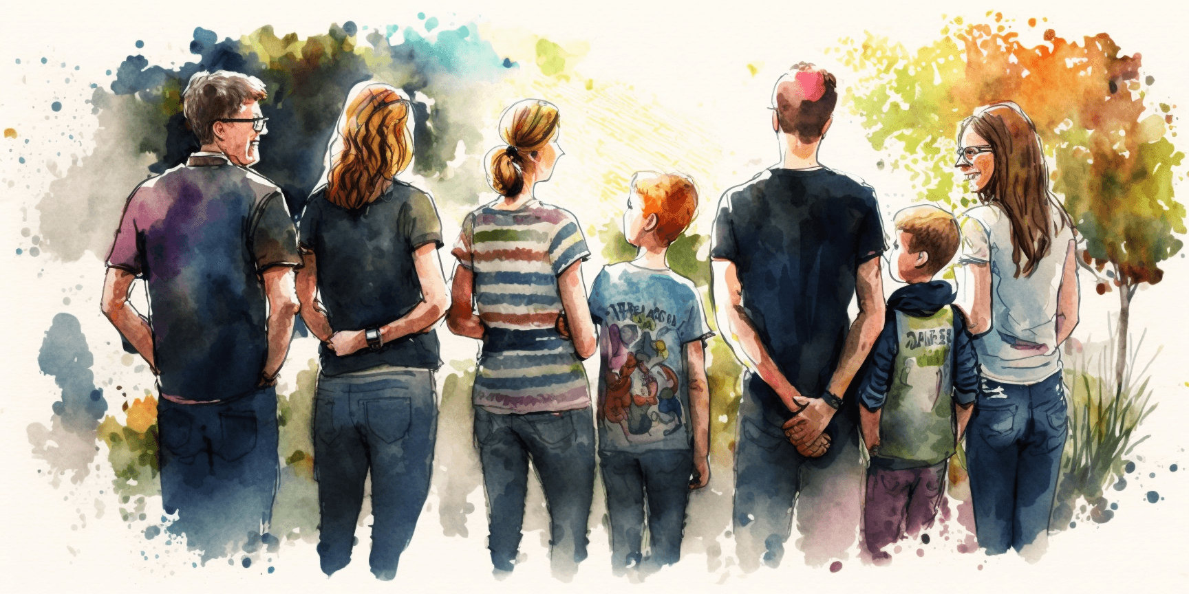Who can provide home care? Watercolour of family looking out at garden