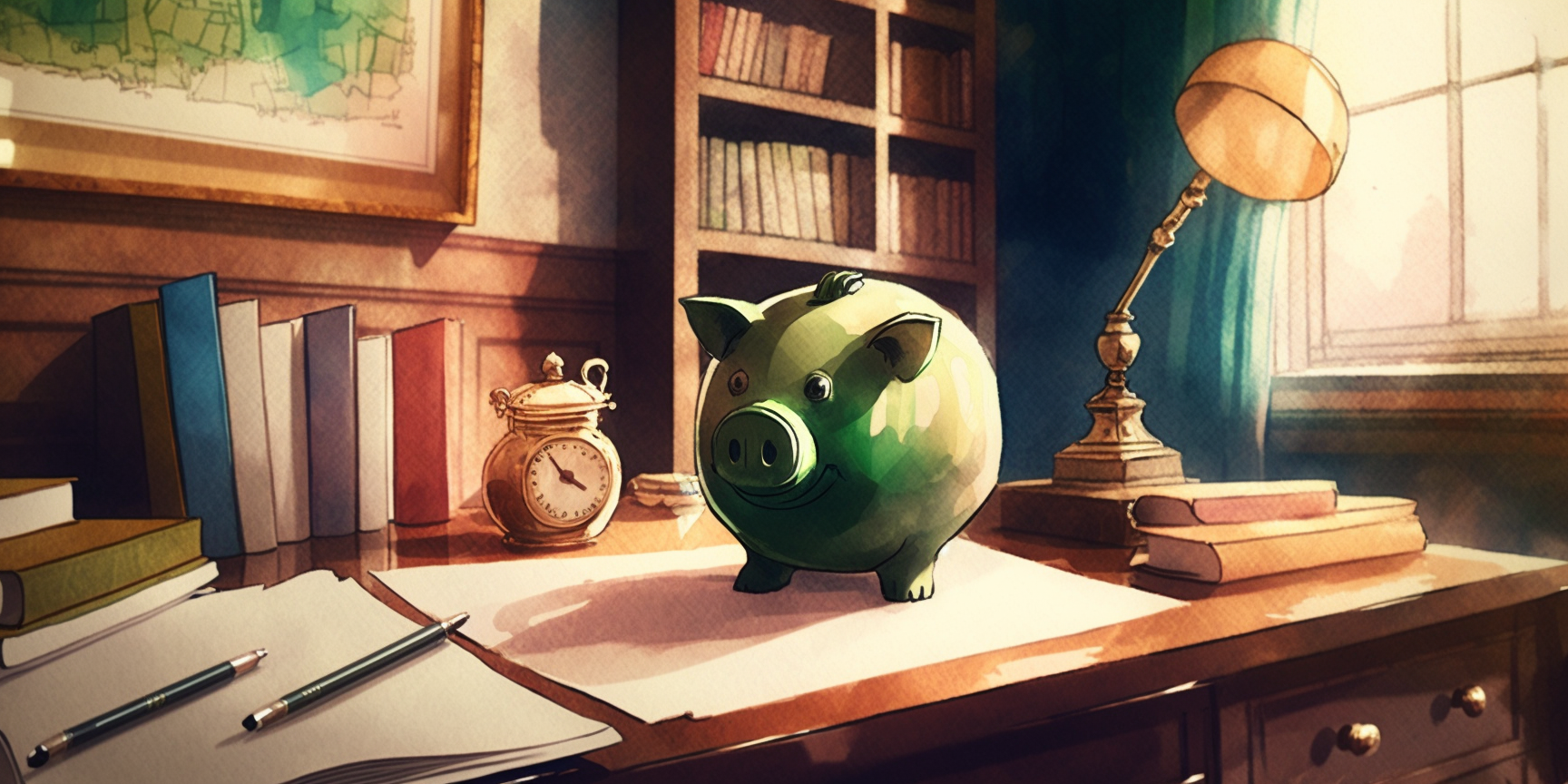 Who funds home care? watercolor painting of piggy bank on a desk in a library office