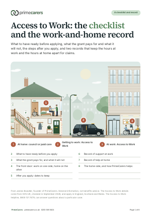 The cover of the PrimeCarers Access to Work checklist, showing a weekday morning from getting dressed at home to a taxi at the door and a support worker at the office