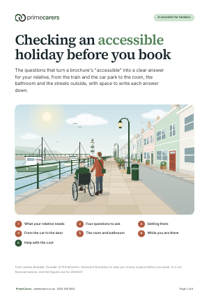 The cover of the PrimeCarers accessible holiday checklist, showing an older man in a wheelchair and a relative on a harbourside promenade