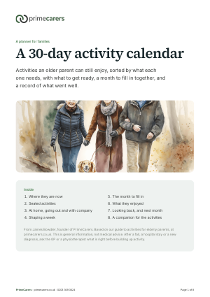 The cover of the PrimeCarers 30-day activity calendar