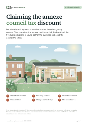The cover of the PrimeCarers annexe council tax claim pack, showing a family house with a granny annexe in the garden