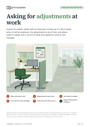 The cover of the PrimeCarers workplace adjustments pack, showing a quiet desk by a window with noise-cancelling headphones, a screen filter and a wall planner