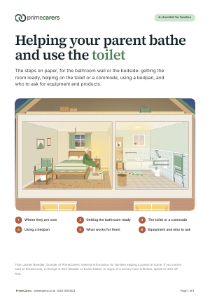 The cover of the PrimeCarers bathing and toileting checklist, showing a bedroom and a bathroom set up with a commode, grab rails and a raised toilet seat