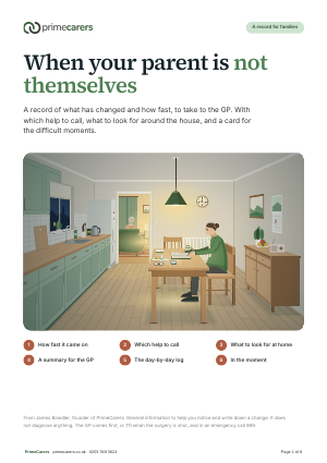 The cover of the PrimeCarers behaviour change record, showing a daughter writing at the kitchen table in the evening while her mother sits in the next room