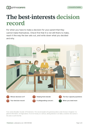 The cover of the PrimeCarers best-interests decision record, showing a family at a kitchen table working through a decision with their mother