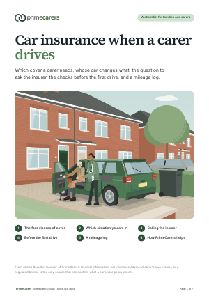The cover of the PrimeCarers carer driving and insurance checklist