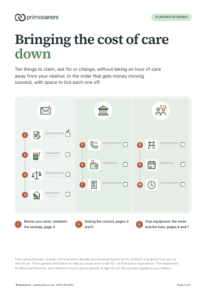 The cover of the PrimeCarers care cost checklist, showing the ten ways as three short checklists numbered 1 to 10