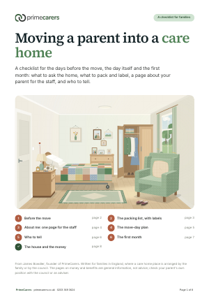 The cover of the PrimeCarers care home move checklist, showing a care home bedroom set up with a parent's own armchair, quilt and photographs