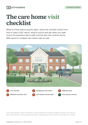 The cover of the PrimeCarers care home visit checklist, showing a family walking up the path to a care home