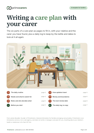 The cover of the PrimeCarers care plan template, showing an older woman, her daughter and a carer writing a plan together at a kitchen table