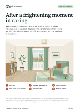 The cover of the PrimeCarers plan for the weeks after a frightening moment in caring, showing a quiet sitting room in morning light