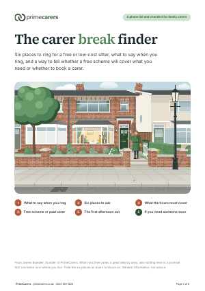 The cover of the PrimeCarers carer break finder, showing a woman leaving her house while her mother plays cards with a sitter in the front room