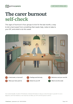 The cover of the PrimeCarers carer burnout self-check, showing a woman at her kitchen table in the evening ticking a checklist