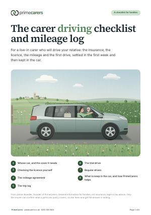 The cover of the PrimeCarers carer driving checklist and mileage log, showing a carer driving an older man along a country lane