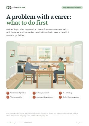 The cover of the PrimeCarers carer problem log and conversation planner, showing a family member and a carer talking at a kitchen table