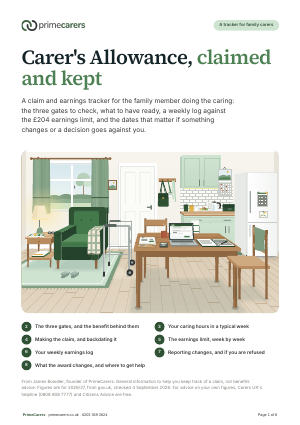 The cover of the PrimeCarers Carer's Allowance claim and earnings tracker, showing a kitchen table set up with a laptop, payslips and a folder, and a tracker on the fridge