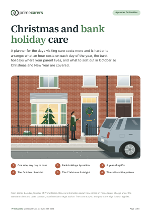 The cover of the PrimeCarers Christmas and bank holiday care planner, showing a carer arriving at a brick house on a frosty Christmas morning