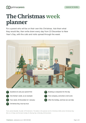 The cover of the PrimeCarers Christmas week planner, showing an older woman and a companion finishing Christmas lunch together in a sitting room