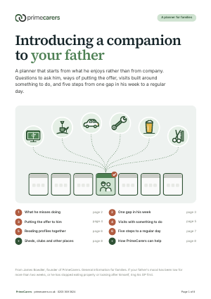 The cover of the PrimeCarers planner for introducing a companion to your father, showing six activities such as the match, the allotment and a drive, each joined to one day in a week
