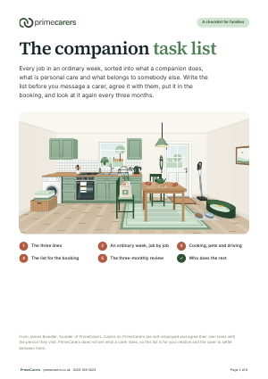 The cover of the PrimeCarers companion task list, showing a tidy kitchen after lunch with clean plates in the drainer and tea on the table