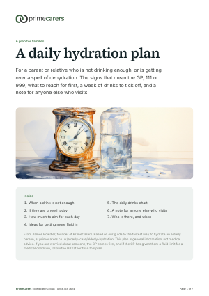 The cover of the PrimeCarers daily hydration plan