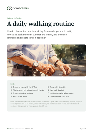 The cover of the PrimeCarers daily walking routine planner