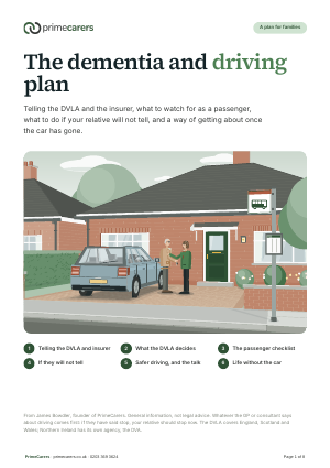 The cover of the PrimeCarers dementia and driving plan, showing an older man with his car keys talking with his daughter beside his car