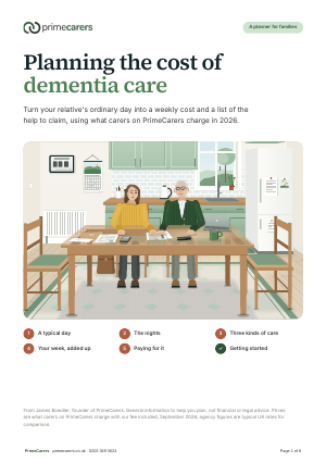 The cover of the PrimeCarers dementia care cost planner, showing a daughter and her father planning at a kitchen table