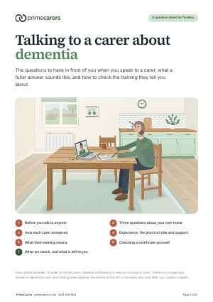 The cover of the PrimeCarers dementia carer interview sheet, showing a woman at her kitchen table on a video call with a carer
