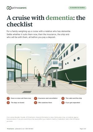 The cover of the PrimeCarers cruise checklist for a relative with dementia, showing a cruise ship at a quay with an older woman, her daughter and a carer walking towards it