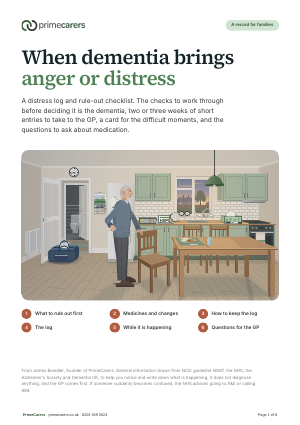 The cover of the PrimeCarers dementia distress log, showing an older man standing by the kitchen table late in the afternoon with one hand on his hip