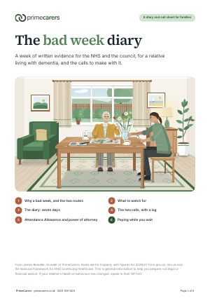 The cover of the PrimeCarers bad week diary, showing an older man and a carer arranging flowers at a table by a window