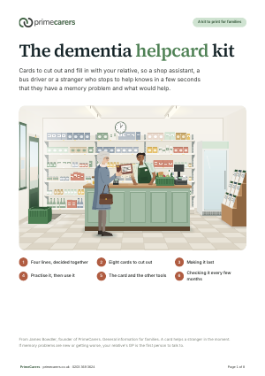 The cover of the PrimeCarers dementia helpcard kit, showing an older woman holding up her card to a shop assistant at a counter