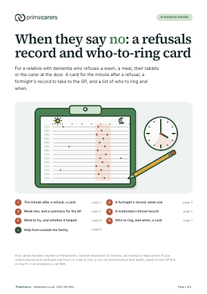 The cover of the PrimeCarers refusals record, showing a fortnight's record on a clipboard with most refusals falling in the late afternoon, beside a clock at four o'clock