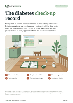 The cover of the PrimeCarers diabetes check-up record, showing a kitchen table with an open record folder, a blood glucose meter and an appointment letter