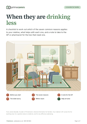 The cover of the PrimeCarers checklist for a relative who is drinking less, showing an older woman in an armchair with a jug of water beside her as her daughter brings a cup of tea