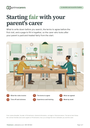 The cover of the PrimeCarers fair terms checklist, showing a family and a carer at a kitchen table writing down what they have agreed