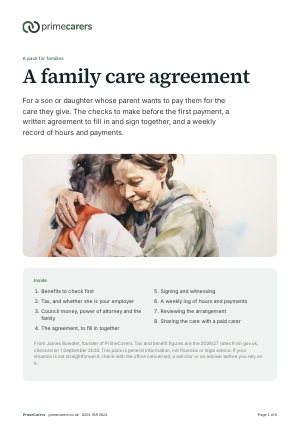 The cover of the PrimeCarers family care agreement pack