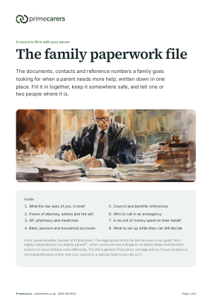 The cover of the PrimeCarers family paperwork file