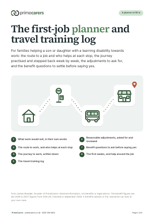 The cover of the PrimeCarers first-job planner and travel training log, showing a route from home past a bus stop and a bus to a shop