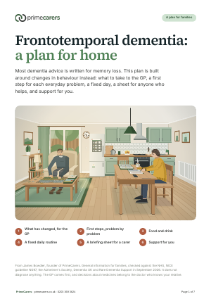 The cover of the PrimeCarers frontotemporal dementia home plan, showing a woman writing at the dining table while her husband does a jigsaw by the window