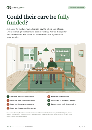 The cover of the PrimeCarers fully funded care checker, showing a parent and their grown-up child working through care notes and pension letters at the dining table