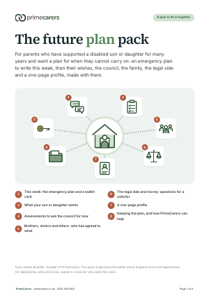 The cover of the PrimeCarers future plan pack, showing a son or daughter at home with the parts of the plan around them