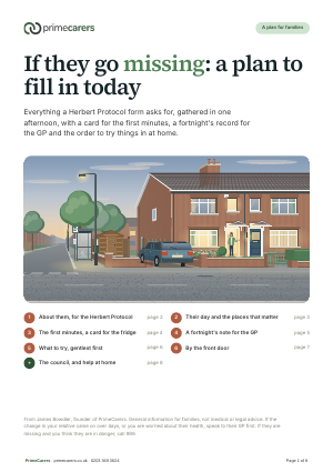 The cover of the PrimeCarers going-missing plan, showing a house at dusk with its front door open and a woman waiting in the doorway