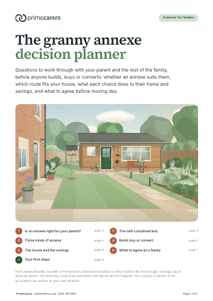 The cover of the PrimeCarers granny annexe decision planner, showing a garden annexe with its own front door a few steps from the family house