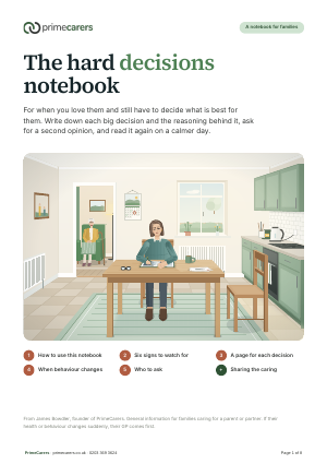 The cover of the PrimeCarers hard decisions notebook, showing a daughter writing in a notebook at the kitchen table while her mother sits in the next room