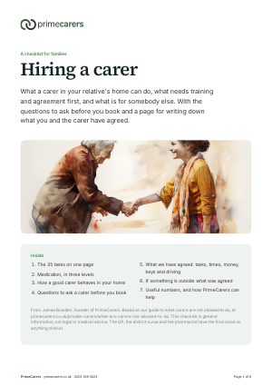 The cover of the PrimeCarers checklist for hiring a carer
